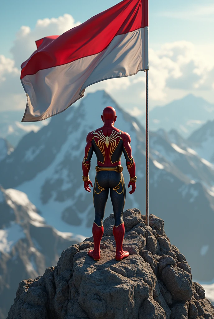 ultra realistic 3d animation wiro sableng dressed in spiderman complete with red black yellow gold clothing respectfully facing the red and white flag fluttering in the background at the top of the mountain image focus object