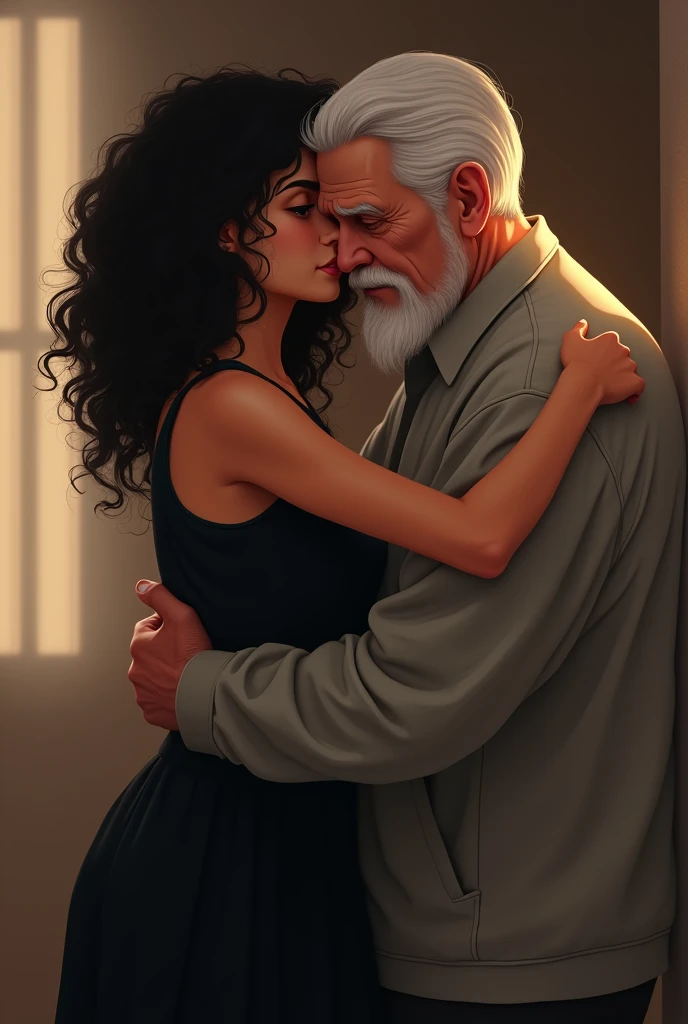 a 50-year-old woman who looks like a 45-year-old woman with curly hair and shoulder-length black dress hugging her 85-year-old father with short white straight hair wearing a white t-shirt with slanted eyes and a 50-year-old with a round face
