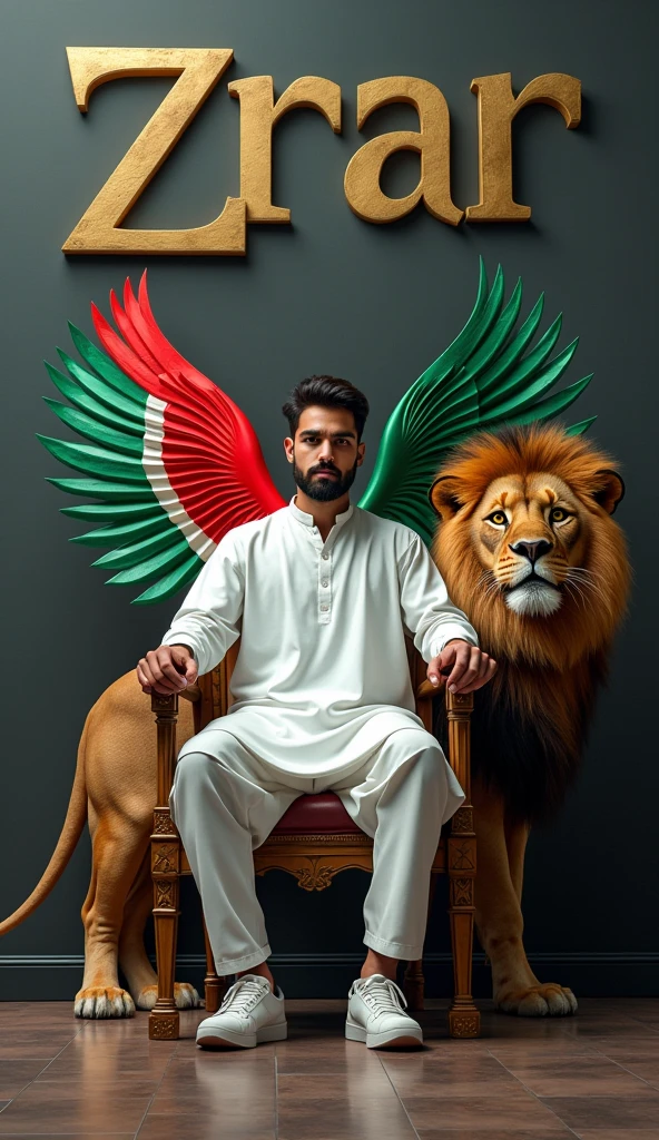 Create a 3D illusion for the profile picture where a cute 25 year old boy in white kurta is sitting comfortably on the chair of the King of Beasts throne. Pakistani flag in hand And a ferocious lion next to me. Wearing sneakers, he looks ahead. “ZRAAR” is written in large, Boss font on the dark gray wall in the background. He has no shadow and has Pakistani Tricolor colored wings 4k