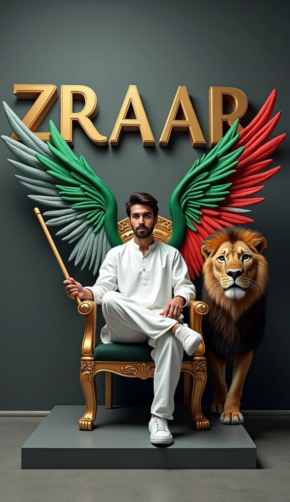 Create a 3D illusion for the profile picture where a cute 25 year old boy in white kurta is sitting comfortably on the chair of the King of Beasts throne. Pakistani flag in hand And a ferocious lion next to me. Wearing sneakers, he looks ahead. “ZRAAR” is written in large, Boss font on the dark gray wall in the background. He has no shadow and has Pakistani Tricolor colored wings 4k
