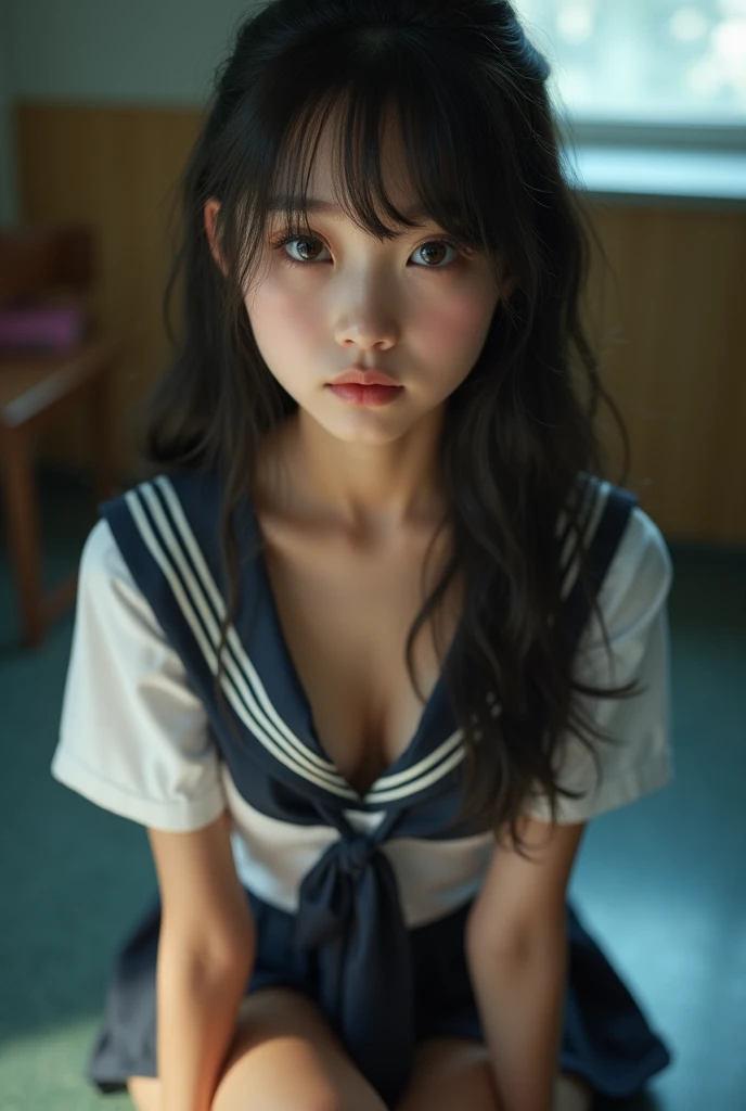 1 beautiful young girl, extremely detailed eye and face, Realistic, extremely detailed CG unified 8k wallpaper, Very detailed, high-definition RAW color photography, professional photoshoot, Realistic portrait, Cinematic Light, Beautiful detailed, Blushing, Ashamed, (Beautiful breasts:1.3), (nedium breasts:1.2), (Realistic skin:1.2), (Best Quality:1.4), Super Detail, High quality, (Open school uniform:1.3),(No Underwear:1.5),(Revealing breasts:1.8), (Mini skirt), (:1.5), More about Carmelt, Indoors, School, Sitting, legs are open, hot wet Verry sexy(View from below:1.2),