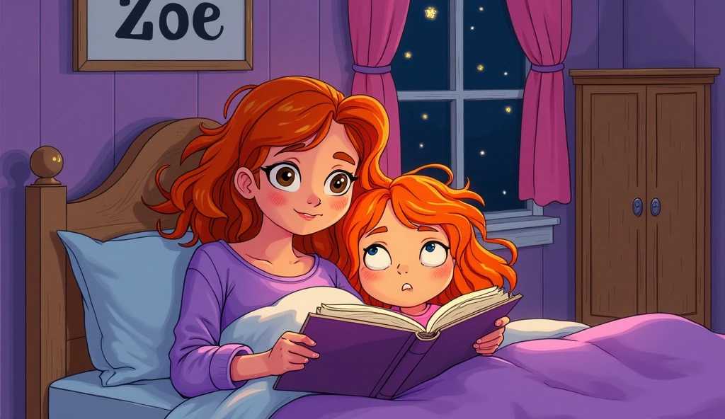 A pencil sketch cartoonic illustration coloured image of a mother and daughter in a bedroom in a daughter's bedroom and the daughter's name is Zoe at the back of the bad the name of the joy is written and the room is decorated as a kids room paint of the room is purple , a window , and pink curtains a brown cupboard in corner of room . its night time in window and the mother is reading a story book to her daughter in the bed.
Make a call tonic image less detailed a rough Orange coloured hair of both mother and daughter . Daughter have curl wavy open messed up hair .. big and rough facial images .
Lightening in room is dark night
Not realistic but cartoonic rough image ,not detailed