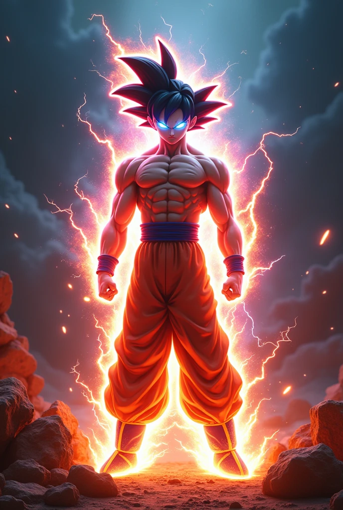 glowneon, photo of glowing Ultra Instinct Son Goku emitting sparks and electricity, dark white, glowing eyes, cinematic film still 