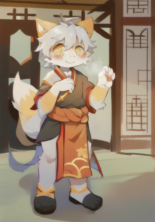 White male cat，boys，Lovely，Silver Hair，Detailed background，，Golden Eyes，Hairy pads，Big furry tail，Blue-white ears，Q version，Orange fur，White fur，Wearing ancient Chinese costumes，Chinese ancient architecture background