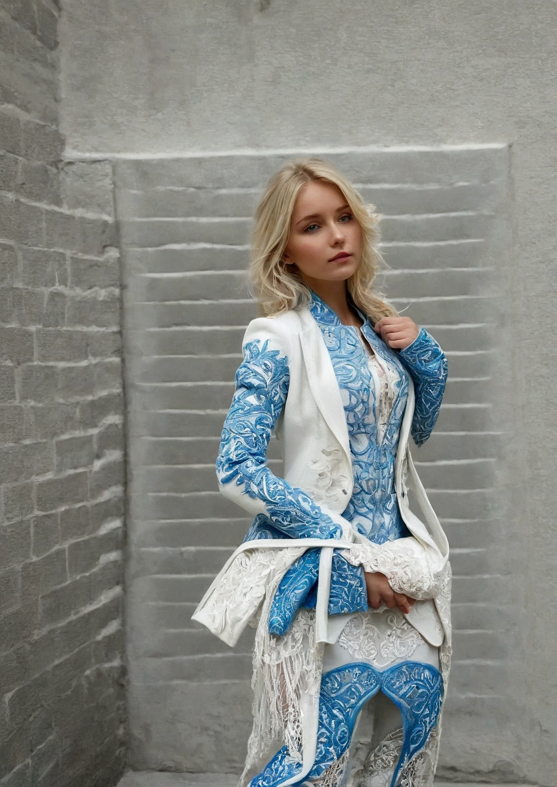 Blonde girl with white and blue jacket 