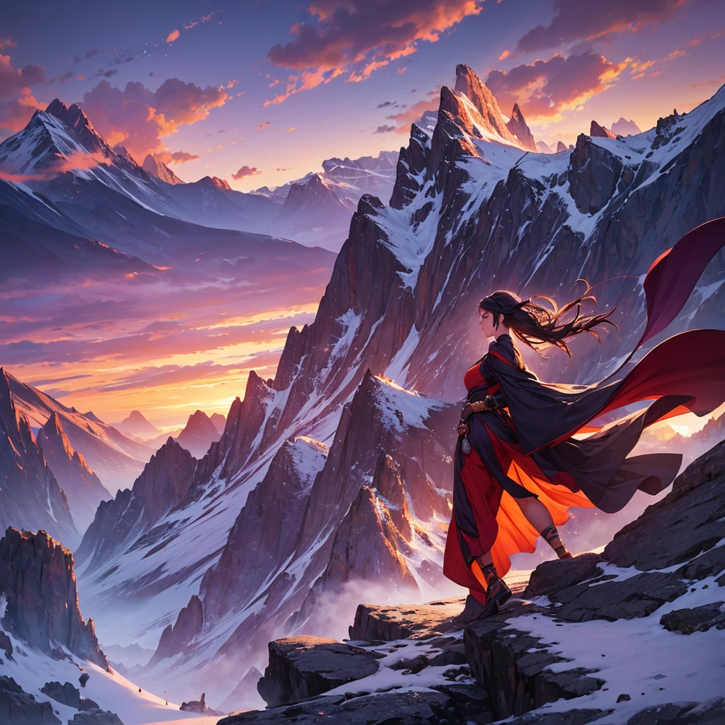 A powerful photograph of a 35-year-old woman standing on a rocky outcrop in a dramatic mountainous landscape at sunset. She radiates strength and elegance in a flowing, deep-colored gown that contrasts with the rugged terrain. Her arm is outstretched toward the horizon, and her gaze is fixed on distant peaks, exuding determination. The low camera angle emphasizes her against the towering mountains, with the sky painted in vivid orange, pink, and purple hues. Jagged cliffs, distant snow-capped peaks, and a winding river in the background add depth and majesty to the scene. Captured with a 24-70mm lens