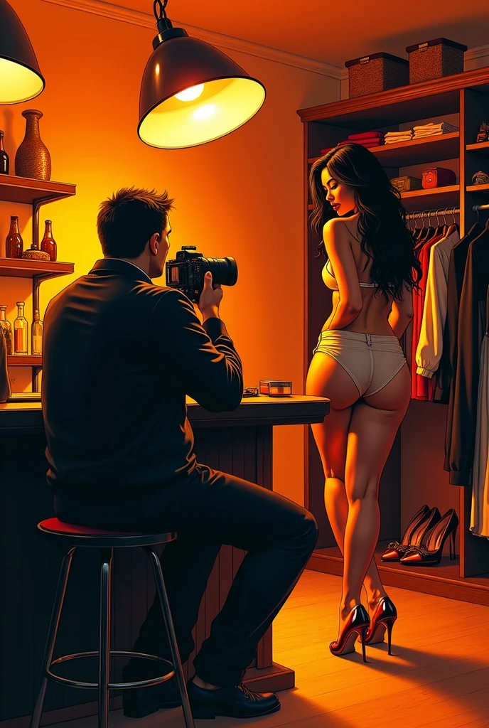 There is a 40-year-old photographer,Photographing a beautiful woman,Photographer with short hair, (slightly overweight), Sit at the bar,Directing a model,, Models wear sexy,In his studio, With camera, There are a lot of clothes and high heels in the closet,Popular on Art Station, Play Techno House Music, Music playing, listen to music, Milton Caniff (Milton Caniff) Beautiful illustrations, Duotone, Two colors, Black and Orange, , , ink, masterpiece
