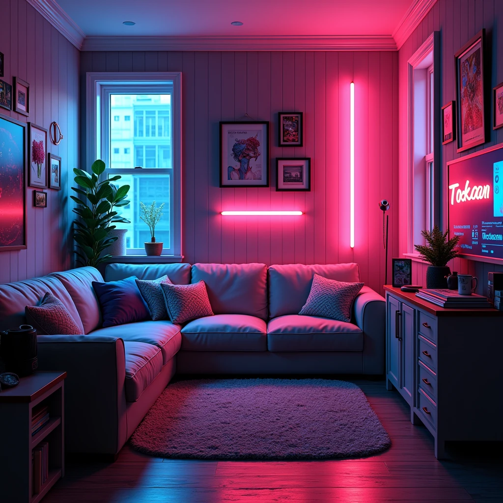 There is a room with a sofa on the left for a cyberpunk theme of neon lights and in a ager's room with frames and it says tokaan