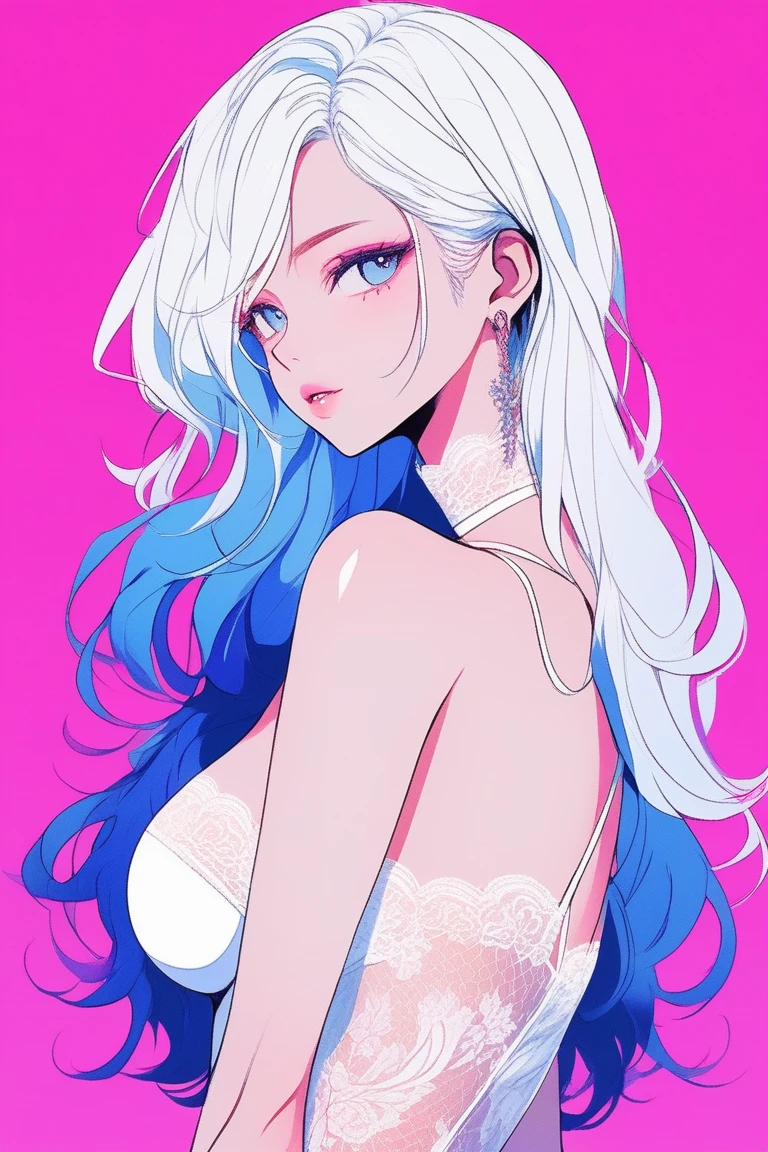 Illustrator, anime , Realistic ,sketch , 1 person, model, Age 25, lip, Sheer white lingerie, Adorned with a rich lace., order, Blue and pink gradient background, Neon Hair, Big Breasts, look back, Upper Body, Sexy look, Texture Trim, Russia, (masterpiece,Highest quality)