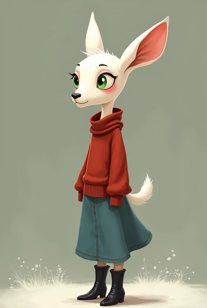 green eyed white doe wearing a red sweater and a long jean skirt with black boots, a mole on the cheek. Bojack Horseman Style 2D