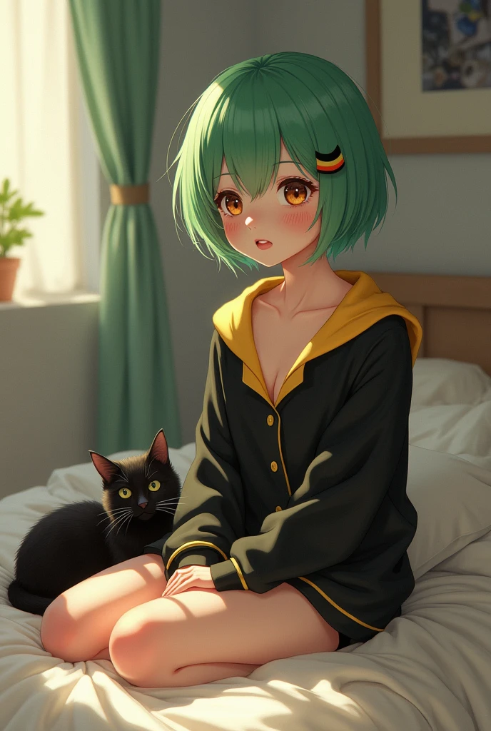 A girl with short, green hair , brown eyes, pink lips and very pale skin. You're sitting on your bed in black and yellow pajamas.. With his black cat at his side.