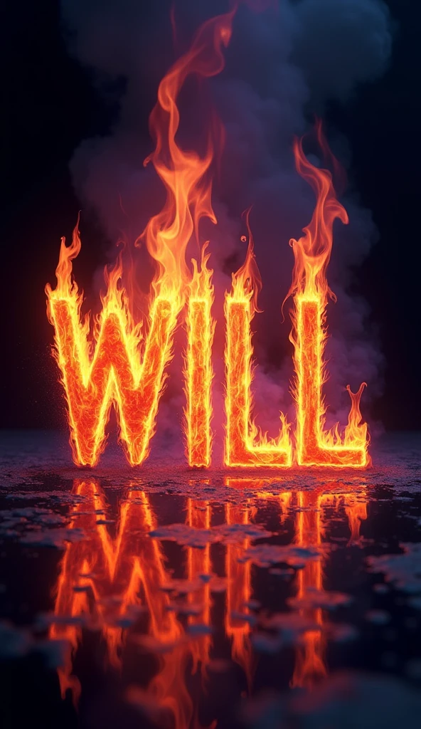 A visually striking and captivating piece of art that showcases the word "WILL" in bold and eye-catching letters. The letters are engulfed in swirling flames that shift from a vibrant orange at the base to a deep purple at the top., creating an intense and powerful atmosphere. The predominantly black background enhances the warmth and glow of the flames., while the reflection at the bottom adds depth and symmetry. This striking and unforgettable image draws attention and leaves a lasting impression on the viewer.