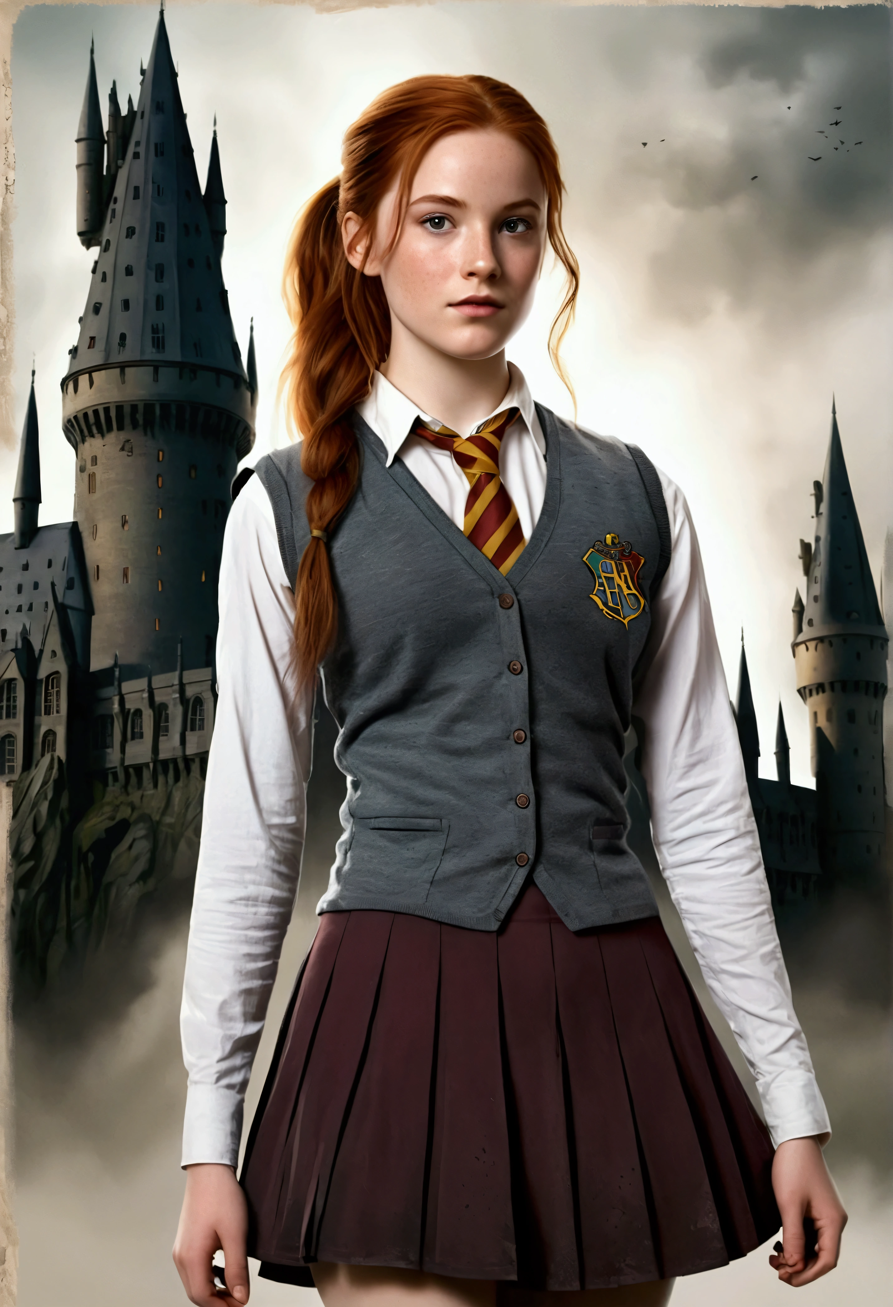 An illustrated movie poster, hand-drawn, full color, a female Hogwarts student, 18 years old, wearing a charcoal vest and a pleated skirt, tall, toned, amazonian stature, athletic hourglass figure, full wide hips, massive round butt, long shapely legs, ridiculously thick powerful thighs, deep dark auburn hair, messy ponytail, flushed sun-kissed complexion, freckles, resembles Deborah Ann Woll, standing in front of Hogwarts Castle, surrounded by mist, graphite shading, stencil marks, airbrushed acrylic paint, masterpiece, in the Deathly Hallows