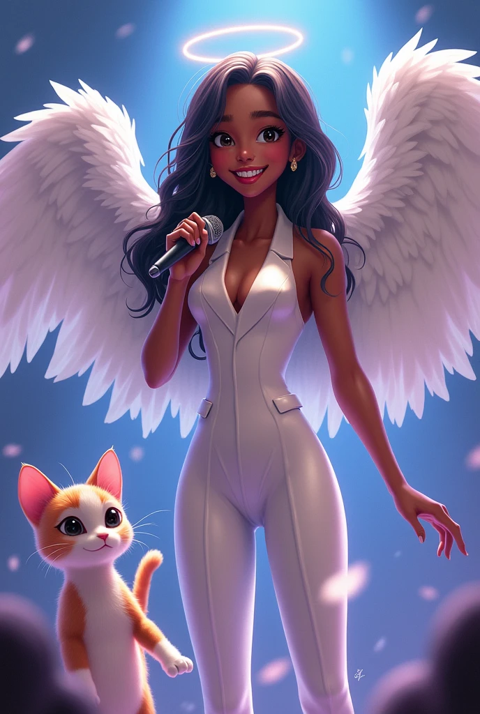 A brown skinned girl ,with big wings like an angel with a smile and braces on her teeth with black wavy hair in a beautiful white suit she is on a stage with a microphone and a lead-colored kitten with her name winged Angeles 