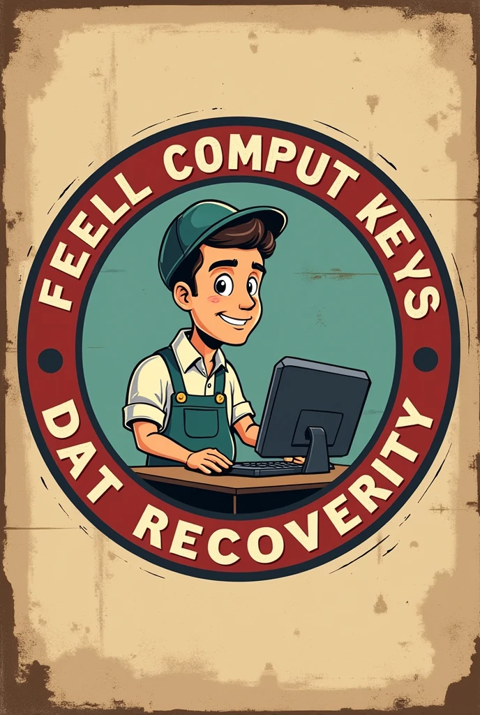 Create an old cardboard style logo with a character in the center and the logo in a circular shape and on the edges of the logo is the title of the small business about a small computer repair and data recovery company.