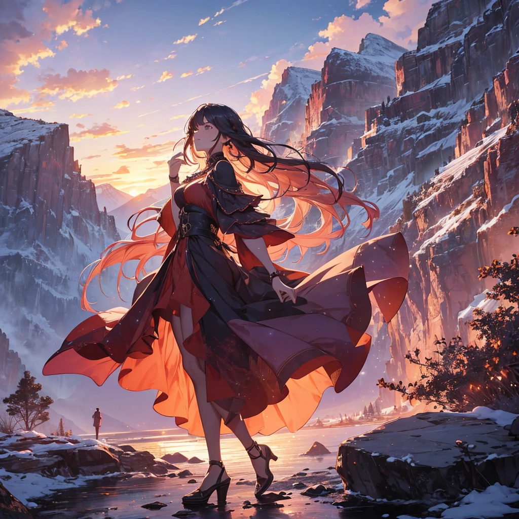 A stunning sunset shot of a 35-year-old woman, standing gracefully on a rocky outcrop in a mountainous landscape. Her flowing, deep-colored gown contrasts sharply with the rugged cliffs around her. With one arm outstretched toward the horizon and her gaze set on distant peaks, she embodies both elegance and strength. The low perspective of the shot frames her against the dramatic sky of oranges, pinks, and purples, while the background reveals snow-capped mountains and a winding river far below, creating a scene of both beauty and grandeur. Photographed with a 24-70mm lens
