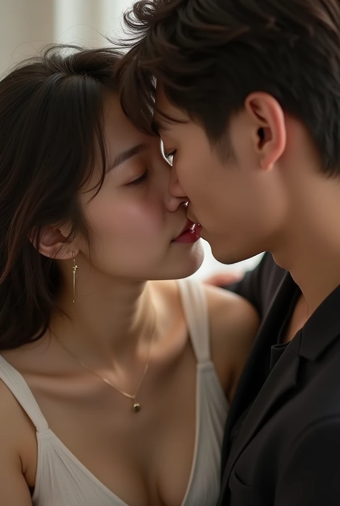Beautiful Korean woman and handsome Korean man having sex with big black penis entering narrow vagina