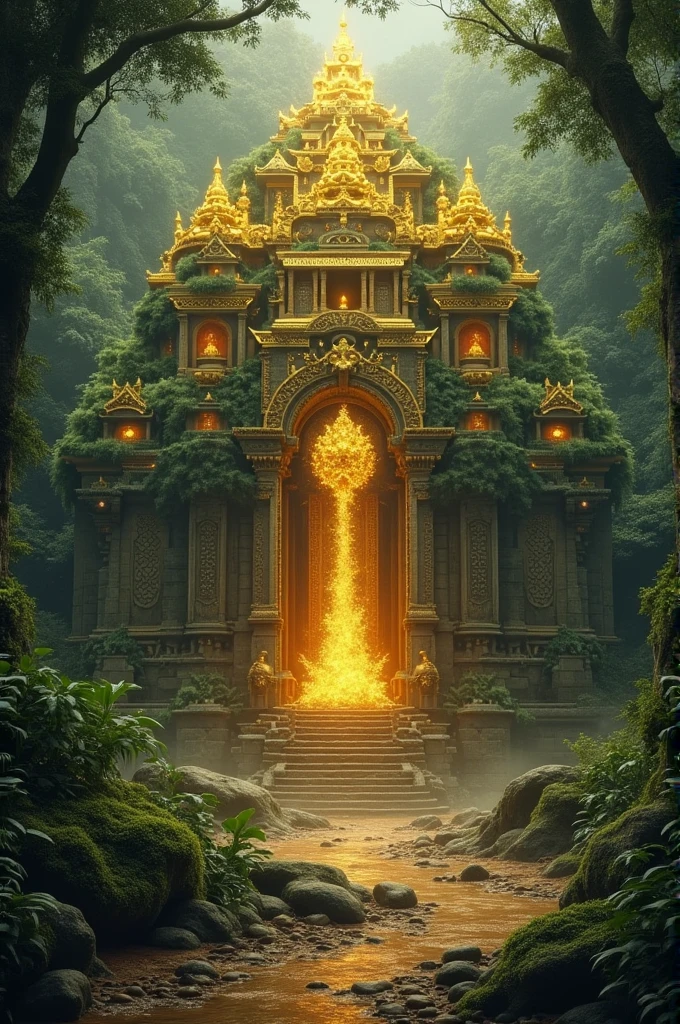 Mythical jungle temple filled with gold ststus and gold ruins