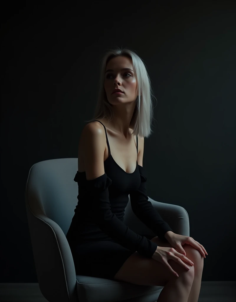 Girl sits elegantly on a modern soft chair, Against the background of a dark room, black off shoulder top, light gray hair