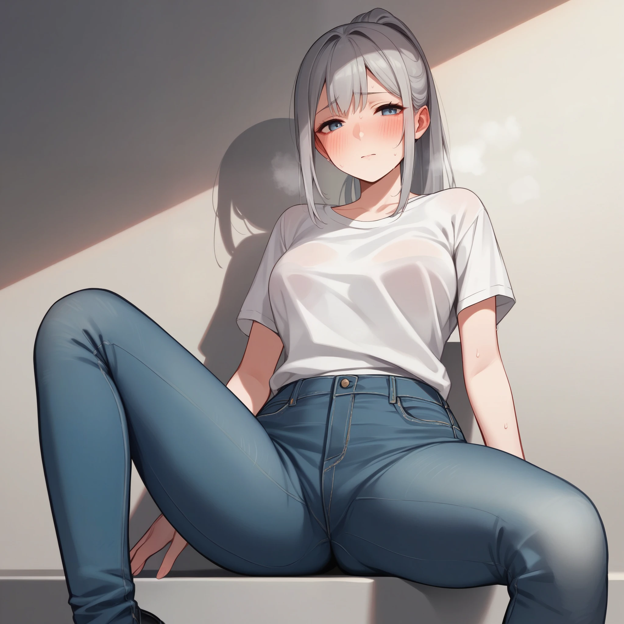 nsfw,beautiful girl,Anime Face,older sister,Gray Hair,ponytail,steam,(low quality,worst quality:1.4),extra limbs,missing limb,extra digit,fewer digit,missing digit,missing finger,fused fingers,mutated hands and fingers,1girl,sweat,white t-shirt, ,take off,Jeans,Open legs wide,embarrassed,Open legs wide,sitting with one's back turne ,open anal,