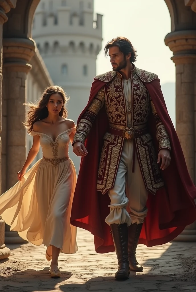 Medieval buff prince (not armored) saving princess running away
