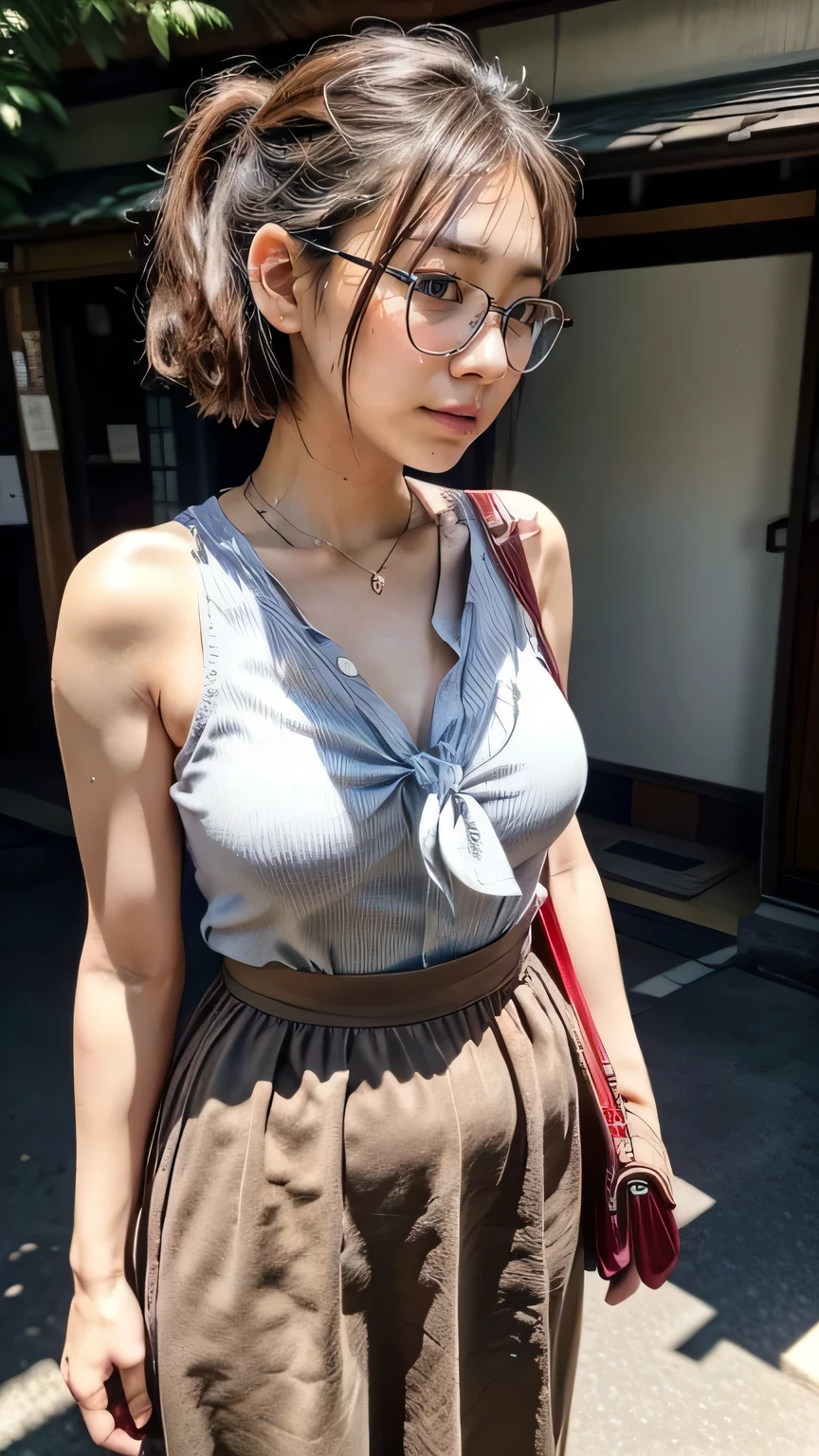 (A Japanese woman standing facing this way:1.4、A woman arguing with a stern look on her face、Hold up your finger and look here)、(Realistic、Like a photograph、Live Action、8k, Realistic, RAW Photos, Best image quality: 1.4), Single-lens reflex camera、RAW Photos, Highest quality, Realistic, Very detailed CG Unity 8k wallpaper, Written boundary depth, Cinematic Light, Lens flare, Ray Tracing, Realistic background、(Wearing glasses:1.4、Sleeveless ruffled blouse、Tight long skirt:1.3、mermaidskirt、Small breasts)、((Ultra-dense skin))、 Cute Japanese Woman、((whole body:1.5)，short hair:1.2、Short Ponytail、tie your hair with a hair clip、I like that style、stylish、Very detailed、Pay attention to the details、Perfect outfit、(Sunburned skin)、View from the front