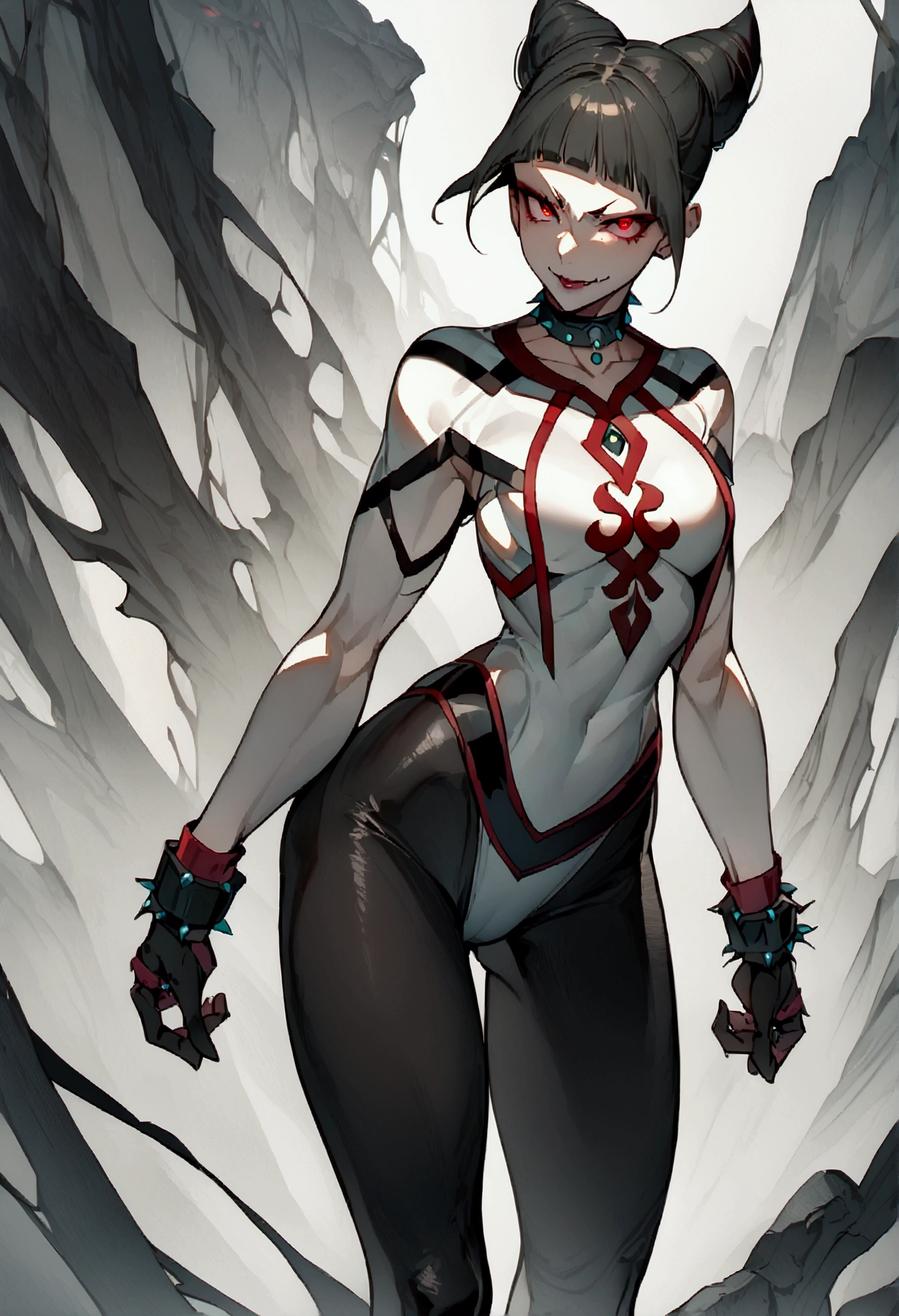 fully body,standing,alone,short hair,work of art,face detailed,young fitness linda,Wearing black pantyhose,tight white sweater with collar ,neckleace,evil smile,red eyes glowing,labiaa,eye shadow,bangs on the eyes,black gloves
