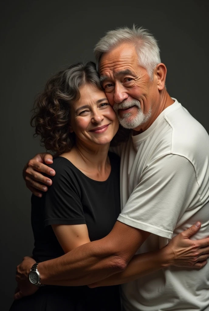 a 50-year-old woman who looks like a 45-year-old woman with curly hair and shoulder-length black dress hugging her 85-year-old father with short white straight hair wearing a white t-shirt with slanted eyes and a 50-year-old with a round face without a beard
