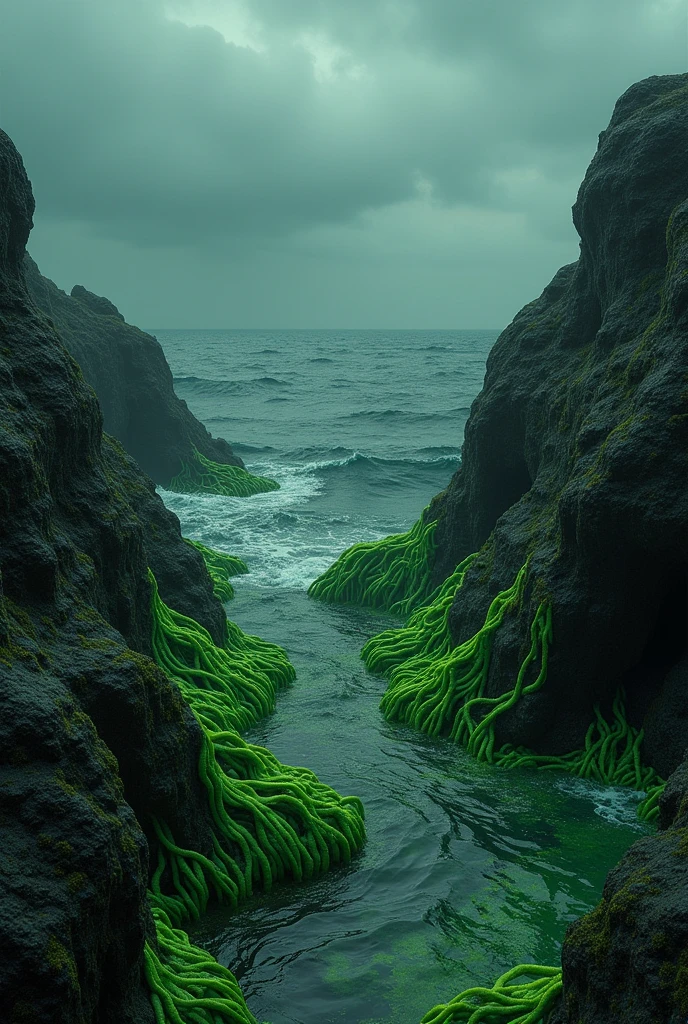 A dark themed seashore with algea
