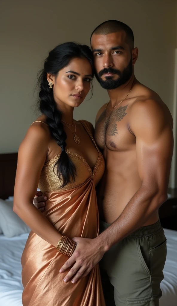 Newly wed indian couple, hot curvy south indian thick milf with single plaited hairstyle, big breast, big hip, big ass, thick thighs, woman wearing satin saree, cleavage, indian couple, very short indian brown man with buzz cut, very big muscular body and beard, man wearing shorts, woman with man, couple in a big bedroom, high resolution, looking at camera, tall woman and short man, close-up potrait, Closed Mouth, serious face,