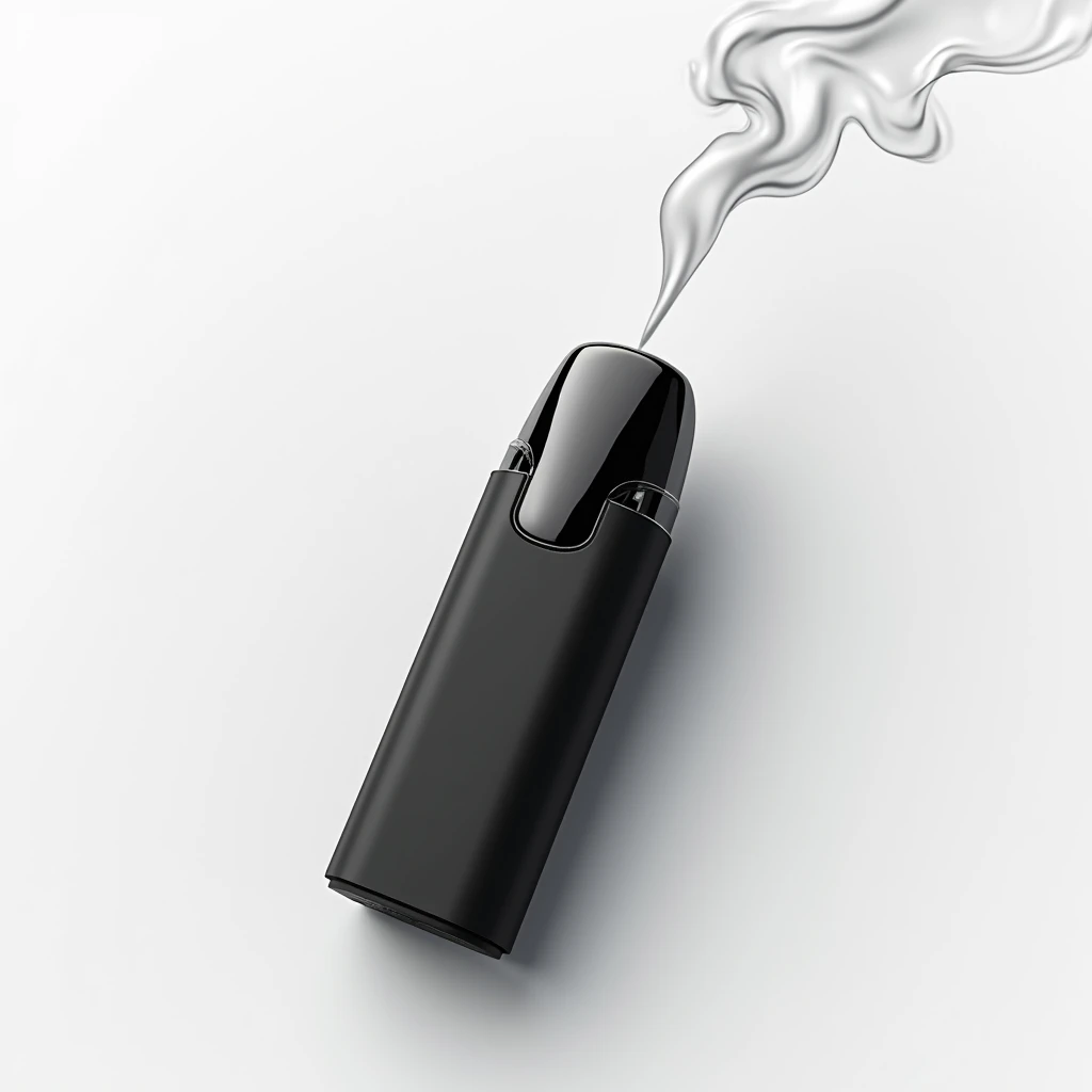 black realistic pod system, white translucent vapor coming out of the drip type, white background, high-quality, photorealistic, macro shot, studio lighting, sharp focus, 8k, hyper detailed