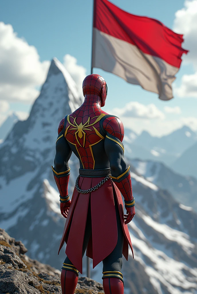 ultra realistic 3d animation wiro sableng dressed in spiderman complete with red black yellow gold clothing respectfully facing the red and white flag fluttering in the background at the top of the mountain image focus object