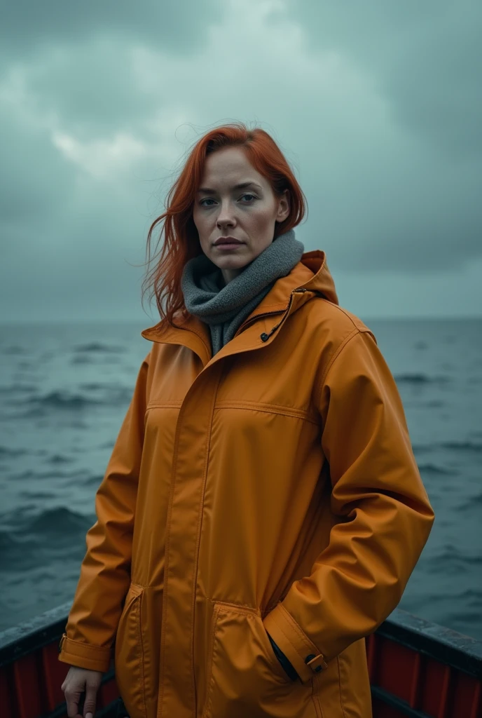 (masterpiece:1.2), best quality, Photo of beautiful female fisherman, Ginger hair, 40 years old, Wear a raincoat, (On fishing boats:1.3), dark clouds, PhotoPractical, HyperPractical, Ultra Detailed, Analog style, Hips lifted, dignified, Low-cut, Delicate skin, Matte Skin, Soft lighting, Subsurface scattering, Practical, Heavy shadows, masterpiece, best quality, ultra Practical, 8K, Golden Ratio, complex, High Detail, Film Photography, Soft Focus