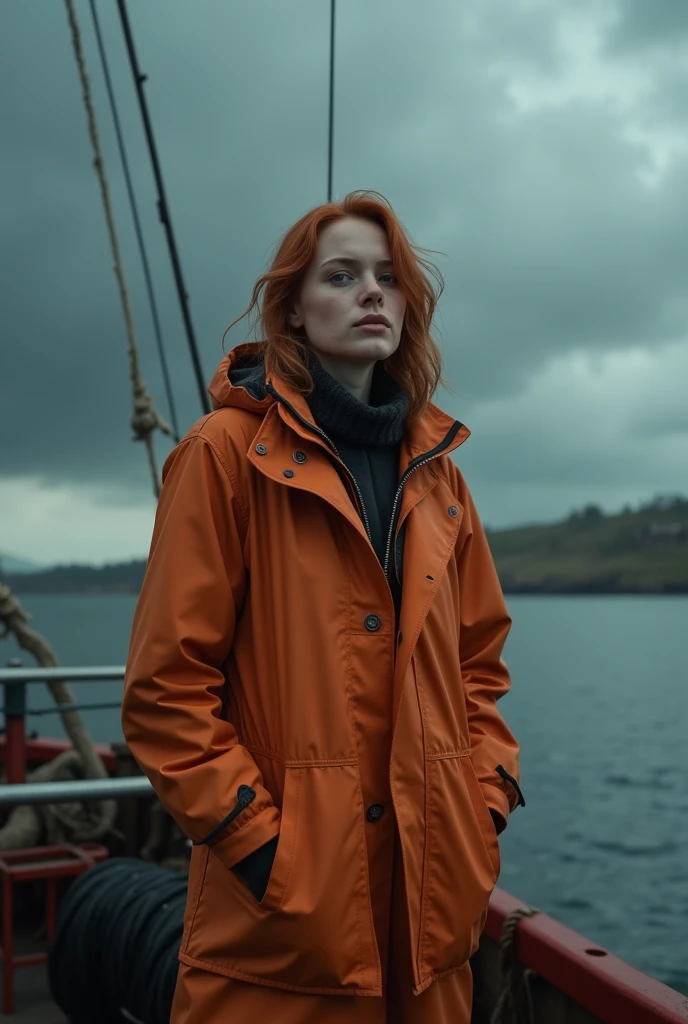 (masterpiece:1.2), best quality, Photo of beautiful female fisherman, Ginger hair, 40 years old, Wear a raincoat, (On fishing boats:1.3), dark clouds, PhotoPractical, HyperPractical, Ultra Detailed, Analog style, Hips lifted, dignified, Low-cut, Delicate skin, Matte Skin, Soft lighting, Subsurface scattering, Practical, Heavy shadows, masterpiece, best quality, ultra Practical, 8K, Golden Ratio, complex, High Detail, Film Photography, Soft Focus