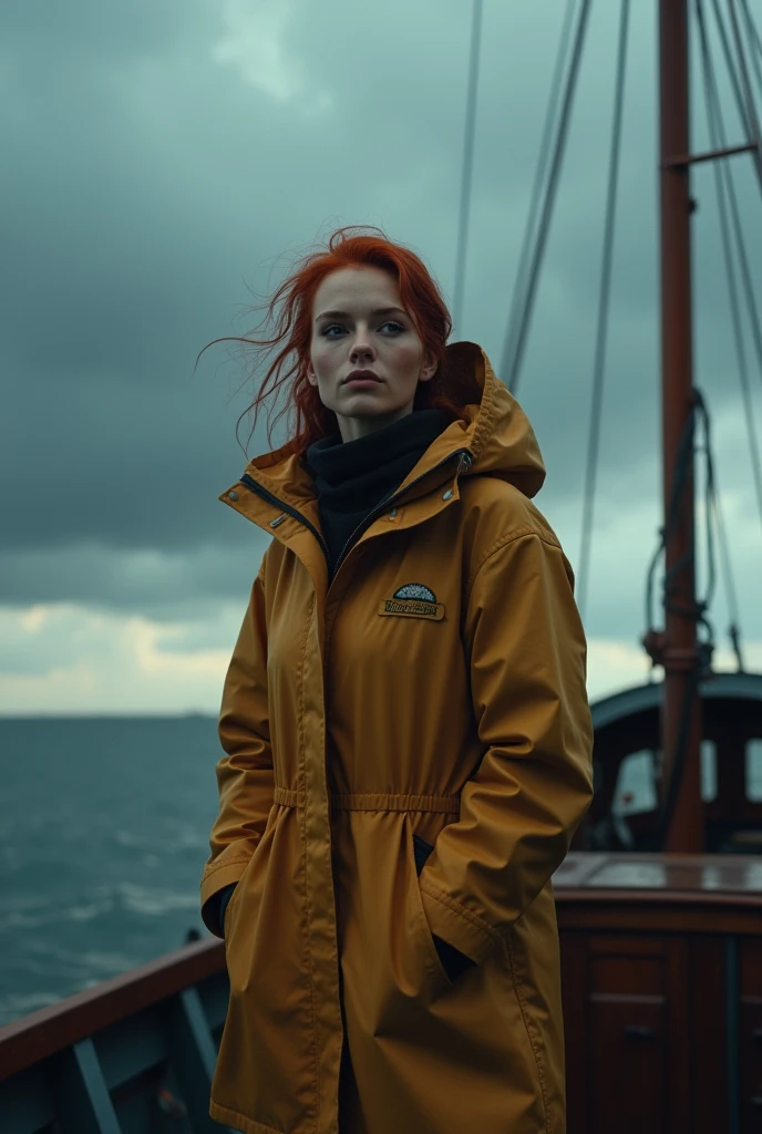 (masterpiece:1.2), best quality, Photo of beautiful female fisherman, Ginger hair, 40 years old, Wear a raincoat,  (On fishing boats:1.3),  dark clouds, PhotoPractical, HyperPractical, Ultra Detailed, Analog style, Hips lifted, dignified, Low-cut, Delicate skin, Matte Skin, Soft lighting, Subsurface scattering, Practical, Heavy shadows, masterpiece, best quality, ultra Practical, 8K, Golden Ratio, complex, High Detail, Film Photography, Soft Focus