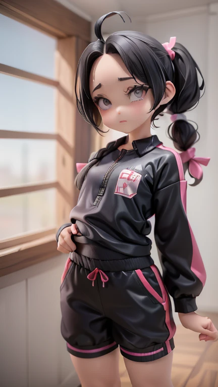 Girl、Primary school students、small、sharp、Black Hair,、Pigtails、Braid、The forehead is visible、Forehead、Jersey、Tracksuits、Clothing patterns、Clothing Design、The front is open、whole body、
