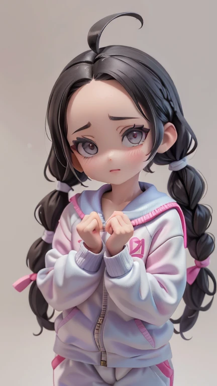 Girl、Primary school students、small、sharp、Black Hair,、Pigtails、Braid、The forehead is visible、Forehead、Jersey、Tracksuits、Clothing patterns、Clothing Design、The front is open、whole body、