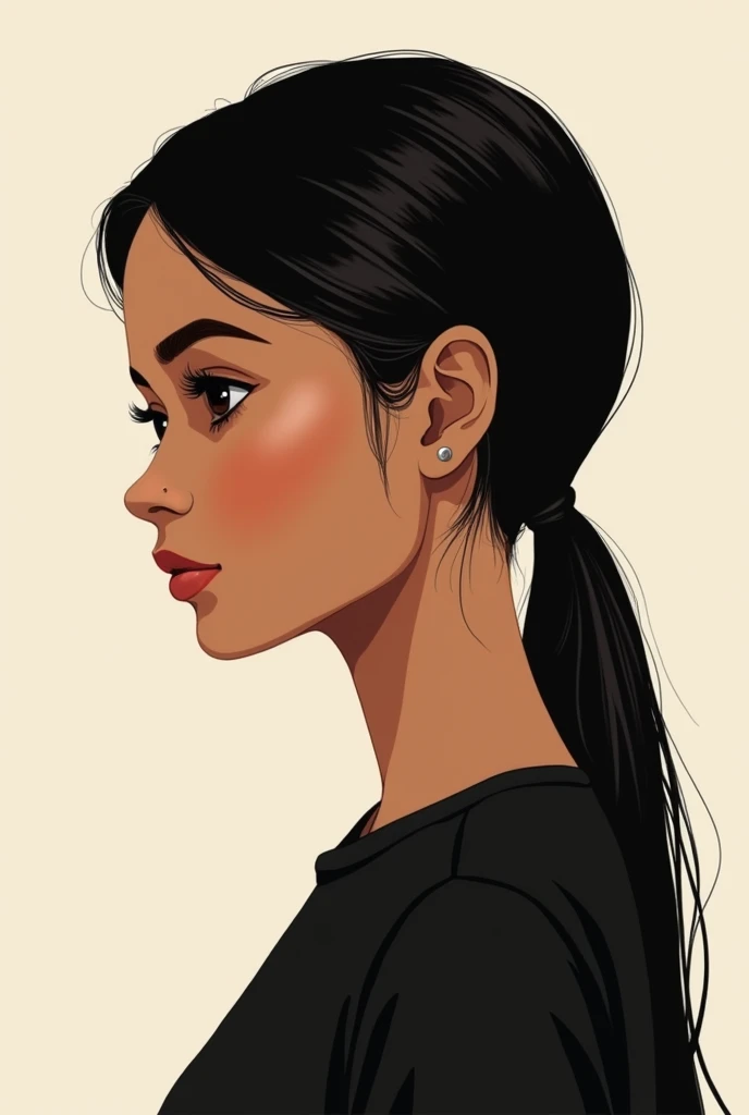 Create a close-up illustration of a beautiful 13year-old north indian girl girl brown colour girl . She has beautiful narrow eyes . Clean jawline . carefully styled her hair into a neat ponytail. The image should sideways and black t shirt