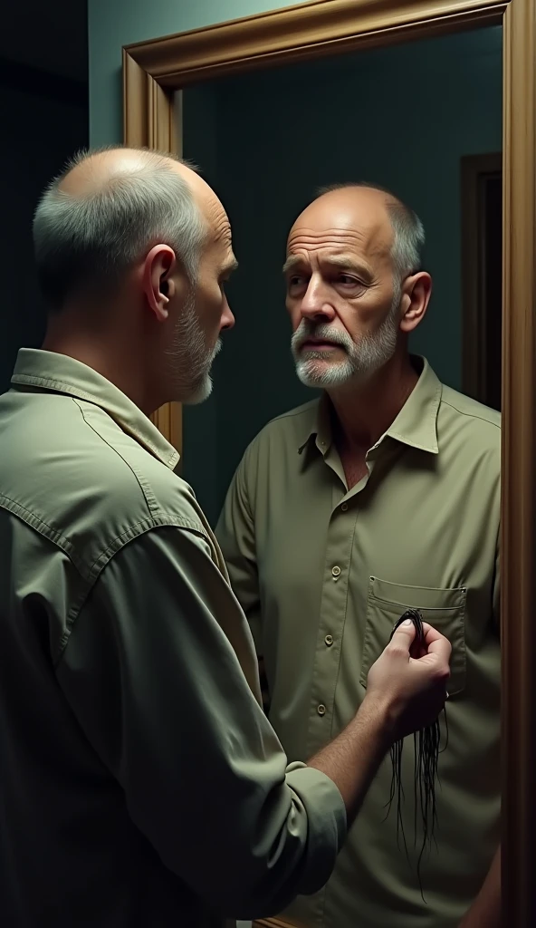 Create a picture for me of a man with the beginnings of baldness, standing in front of a mirror holding a bunch of hair in your hand. Make his shirt with some tears