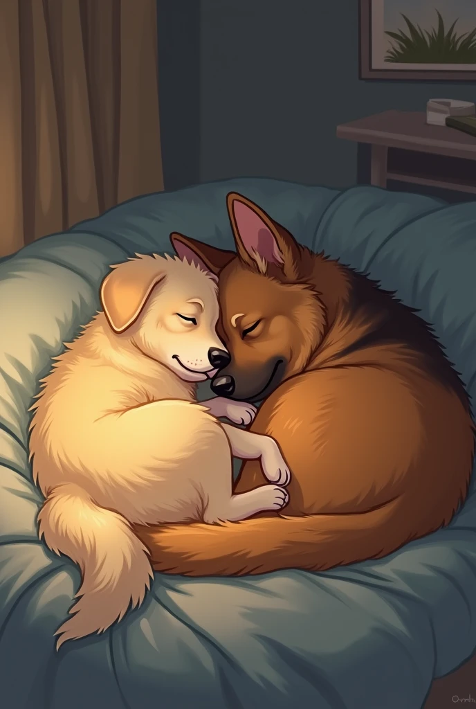 Illustration: Marium and Riks  dogsleeping peacefully together.]