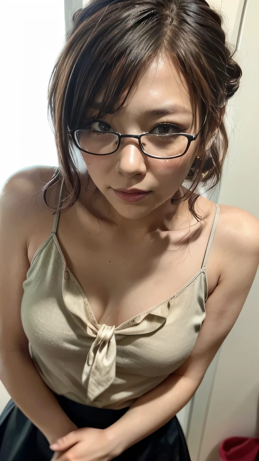 (A Japanese woman standing facing this way:1.4、A woman arguing with a stern look on her face、Hold up your finger and look here)、(Realistic、Like a photograph、Live Action、8k, Realistic, RAW Photos, Best image quality: 1.4), Single-lens reflex camera、RAW Photos, Highest quality, Realistic, Very detailed CG Unity 8k wallpaper, Written boundary depth, Cinematic Light, Lens flare, Ray Tracing, Realistic background、(Wearing glasses:1.4、Sleeveless ruffled blouse、Tight long skirt:1.3、mermaidskirt、Small breasts)、((Ultra-dense skin))、 Cute Japanese Woman、((whole body:1.5)，short hair:1.2、Short Ponytail、tie your hair with a hair clip、I like that style、stylish、Very detailed、Pay attention to the details、Perfect outfit、(Sunburned skin)、View from the front