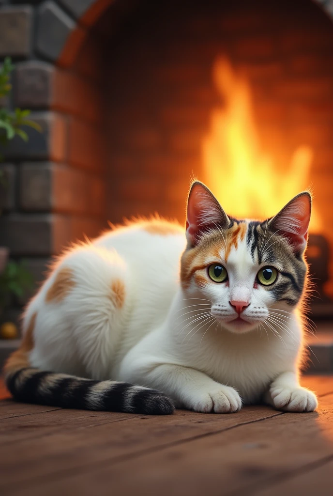 Create a picture of my cat next to a fireplace, she has dominant white fur, has green eyes, beige spots on the end of the spine and tail with beige fur and gray lines. On her face she has one eye with beige fur and on the other side she has gray fur on the side