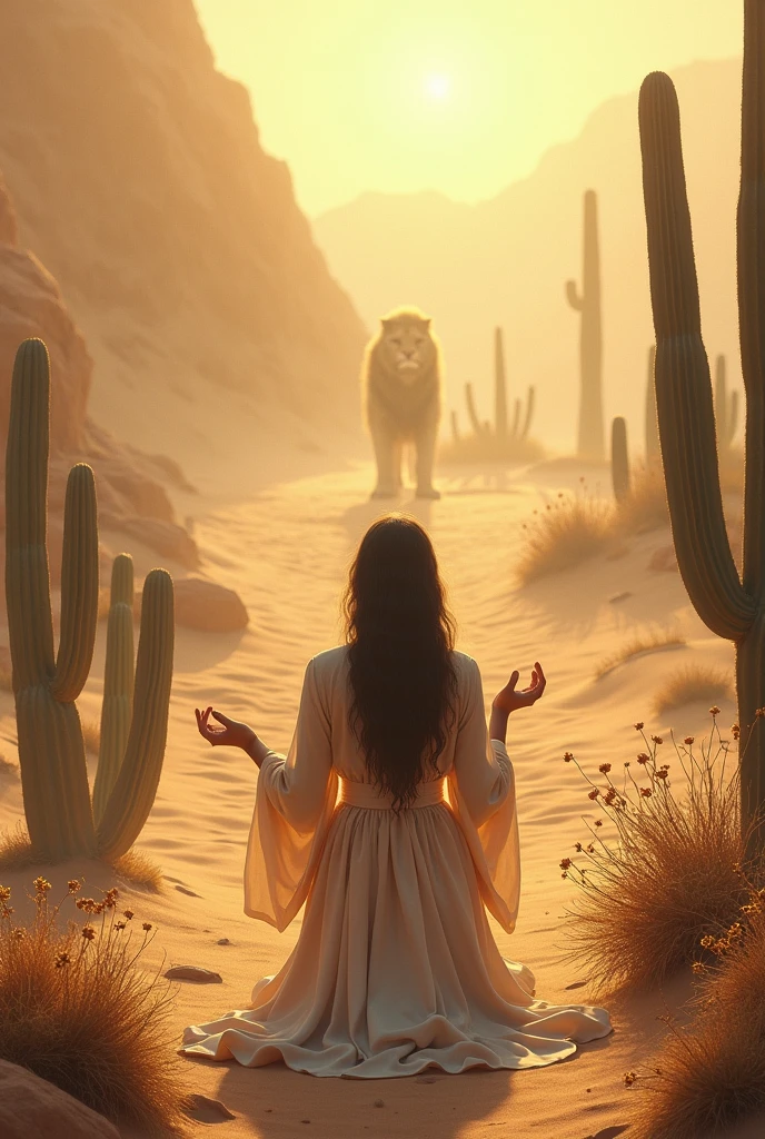 Woman worshiping in the desert with captus with flowers and the lion of Judah