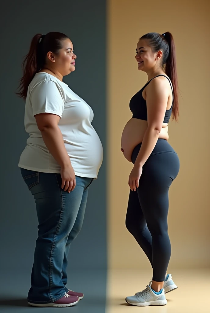 A highly realistic, almost 3D-quality image showing a woman's physical transformation from obese to a slim, fit, and happy version of herself. On the left side, the woman is overweight, has a somber expression, and is wearing casual, baggy clothing. On the right side, she appears slim, fit, and radiantly happy, wearing tight sportswear, with a confident, cheerful smile. The background should smoothly transition from dark, dull tones on the left to bright, vibrant colors on the right, symbolizing the positive change in her life. Make sure the cover is in ultra-high-definition 4K quality with a hyper-realistic style, capturing every detail of the transformation. (make sure it's the same person in both versions)