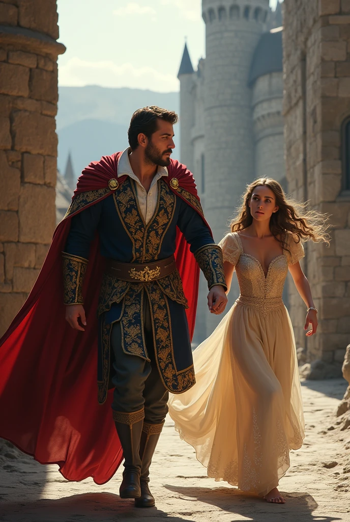 Medieval buff prince (not armored) saving princess running away