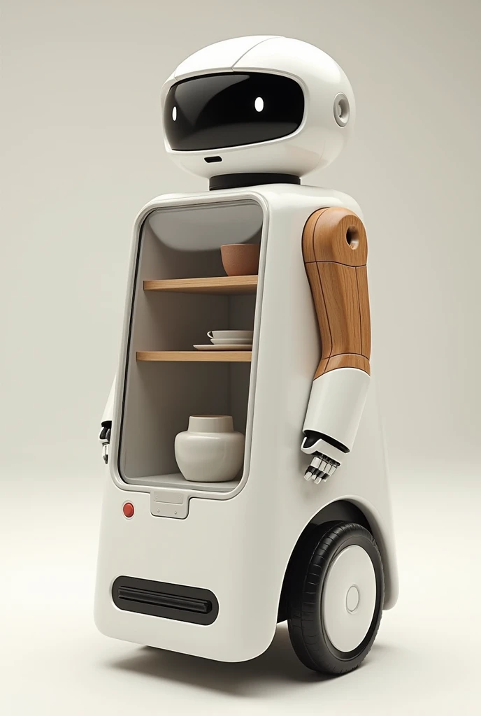 Friendly service robot has no arms nor legs. Have hidden small wheels. have transparent cabinet that can put thinks in it. Have white colour and little bit of wood pattern