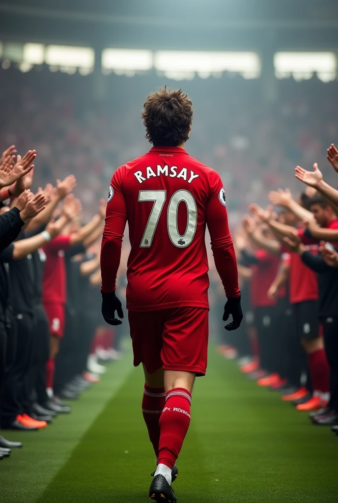A Liverpool player called Ramsay who wears number 70 and also wears long sleeves and black gloves and slightly long hair walks out onto the field to a standing ovation