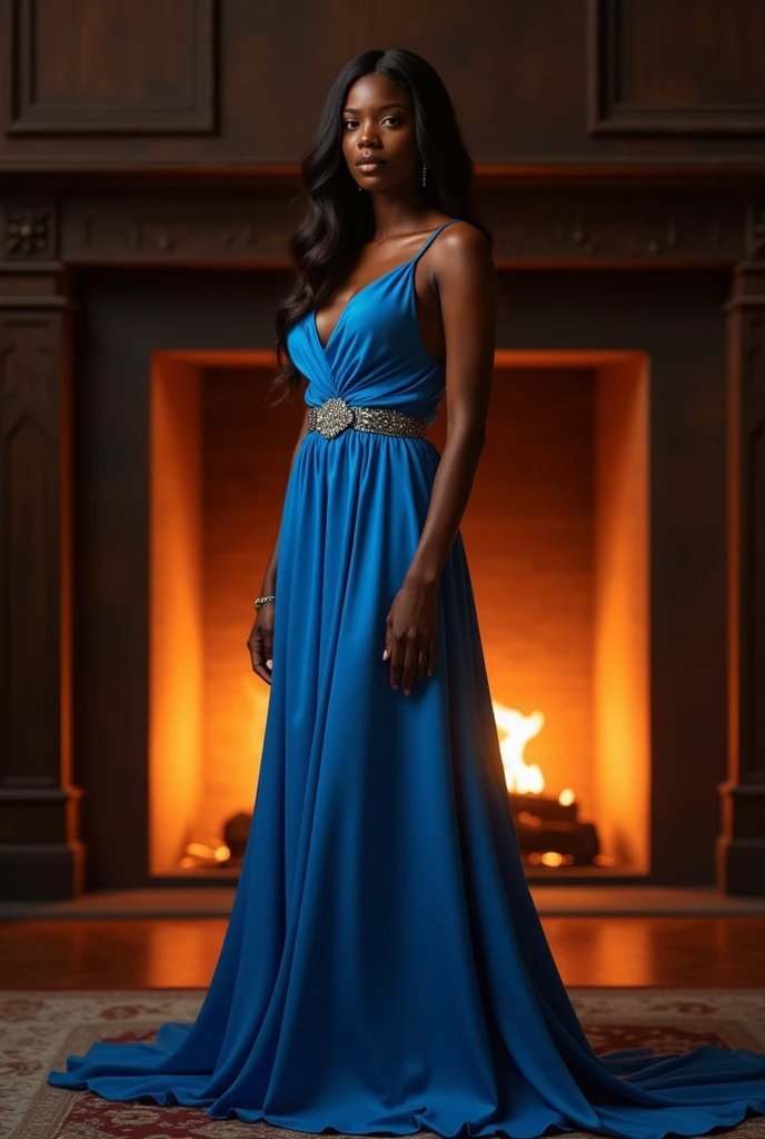 Une femme de type malgache avec les cheveux lisses. Debout devant la cheminée, dressed in an azure blue evening dress.