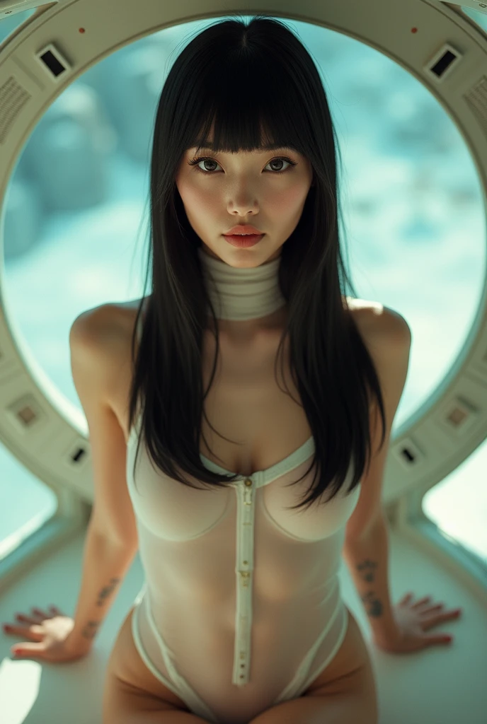 Best quality, 8K, woman space retro futurism, beautiful and detailed face, black straight long hair, bangs,big eyelashes,LOOKING TO observer,TRANSPARENT white leotard,LIGHT TAN pantyhose, sci-fi RETRO SPACESHIP scenario