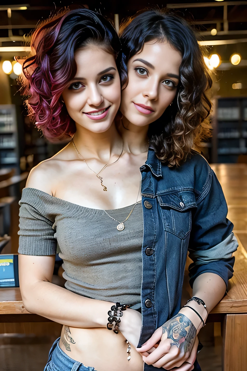 2heads, female couple, age 28, two heads on one body, conjoined, one torso, hipsters, curly hair, short hair, long hair, punk rock fashion, at the college library